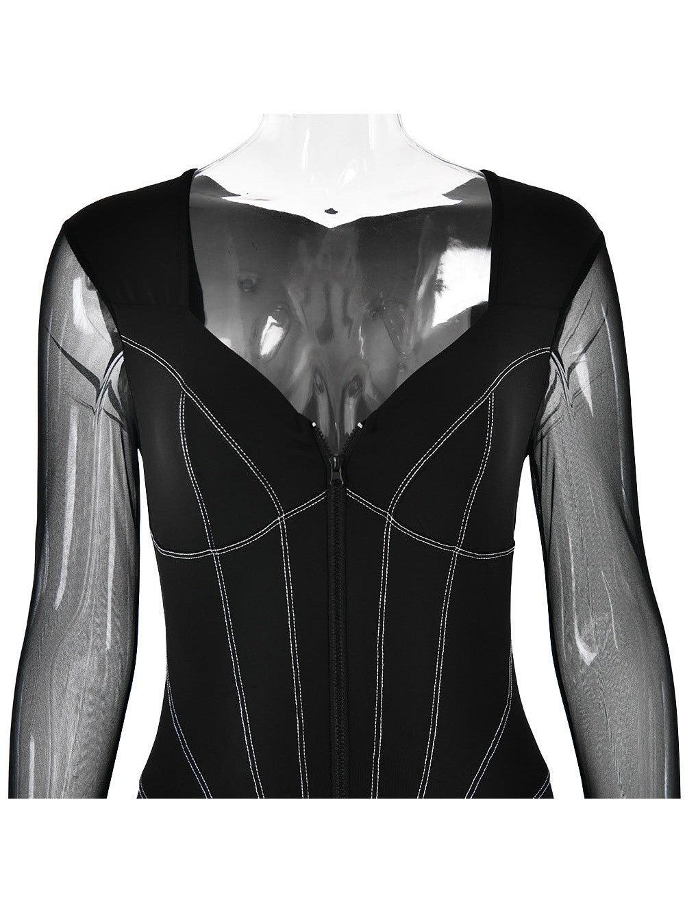 Mariam Full Sleeve Mesh See Through V Neck Jumpsuit