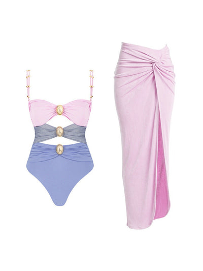 Round Buckle Hollow Out Cutout Swimsuit Skirt Coord Set