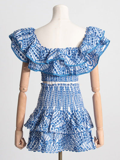 Embroidered Ruffle Crop Top & Short Skirt Coord Set