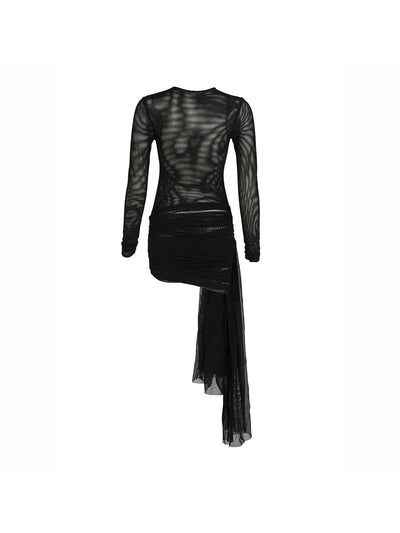 Asymmetric See through Tie Mesh Dress