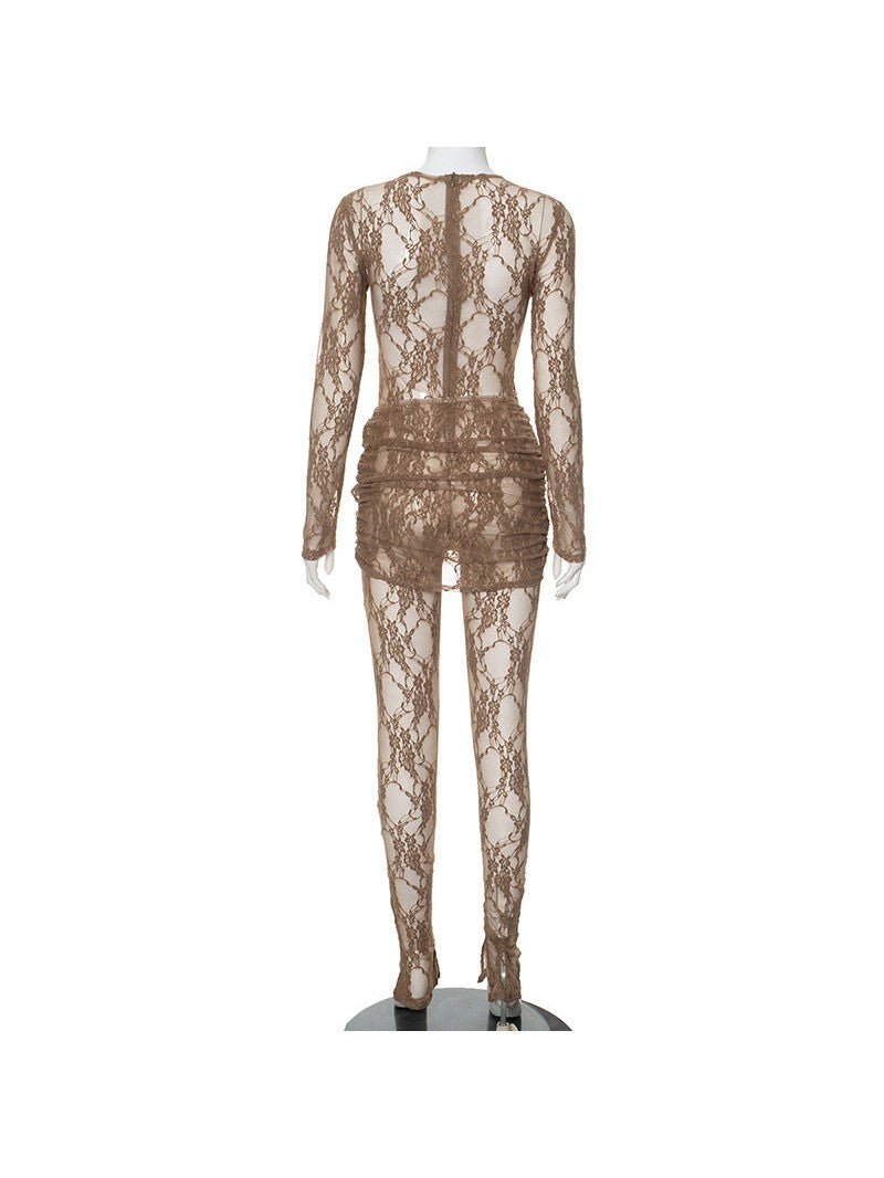 Crew Neck Patchwork Lace See Jumpsuit