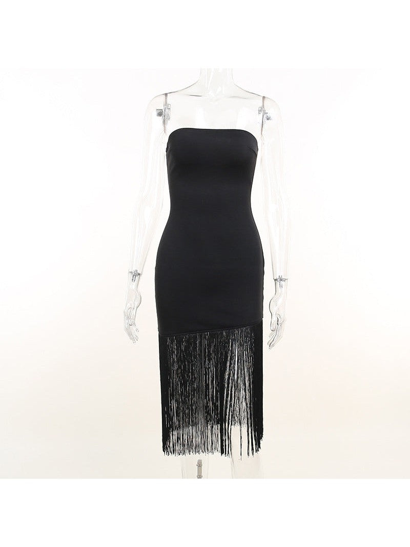 Black strapless tube dress with a long fringe tassel hem, displayed on a transparent mannequin.