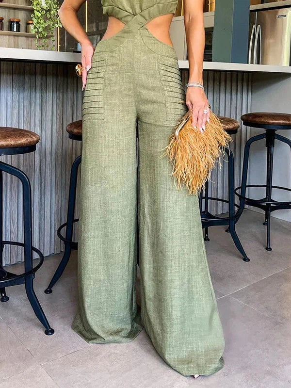 Ruffle Sleeves Cutout Backless Wide Leg Jumpsuit