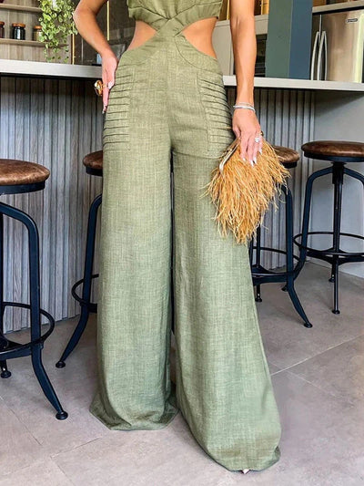 Ruffle Sleeves Cutout Backless Wide Leg Jumpsuit