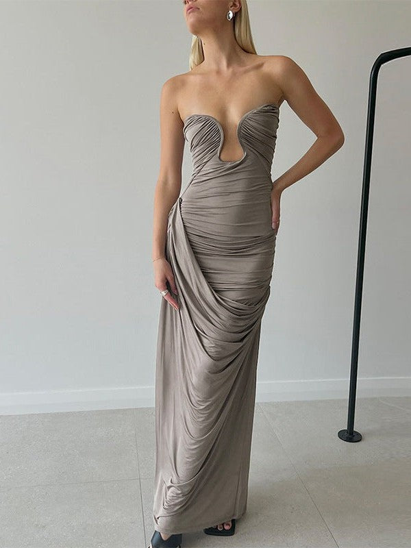 Deep Neck Tube Top Backless Pleating Formal Dress