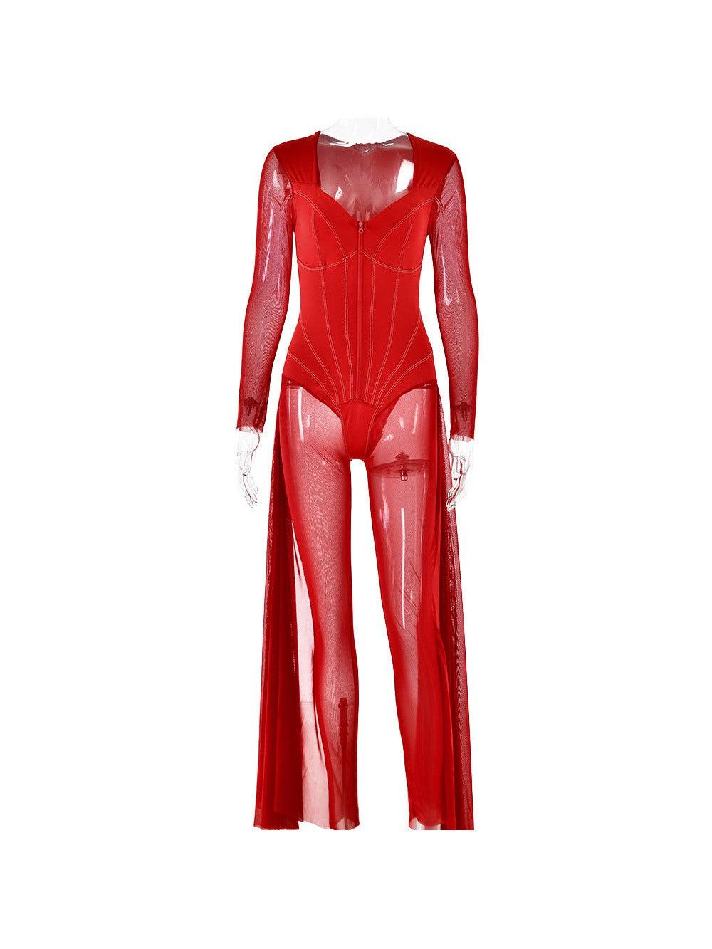 Mariam Full Sleeve Mesh See Through V Neck Jumpsuit