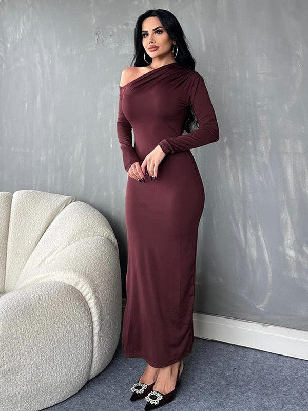 navy blue dress for baby girl Burgundy Ruched Asymmetric Maxi Dress with Drape main image 1