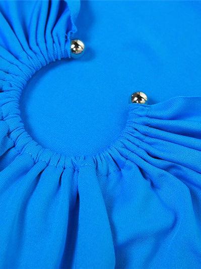 Bright blue fabric with a circular ruched neckline cutout and two gold-tone stud accents