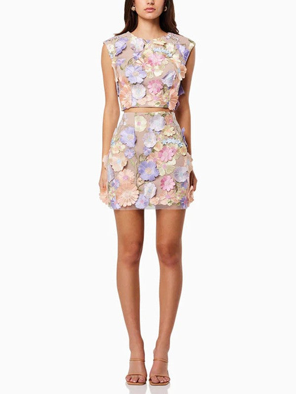 Applique Embroidered Crochet Crop Top & Skirt Coord Set