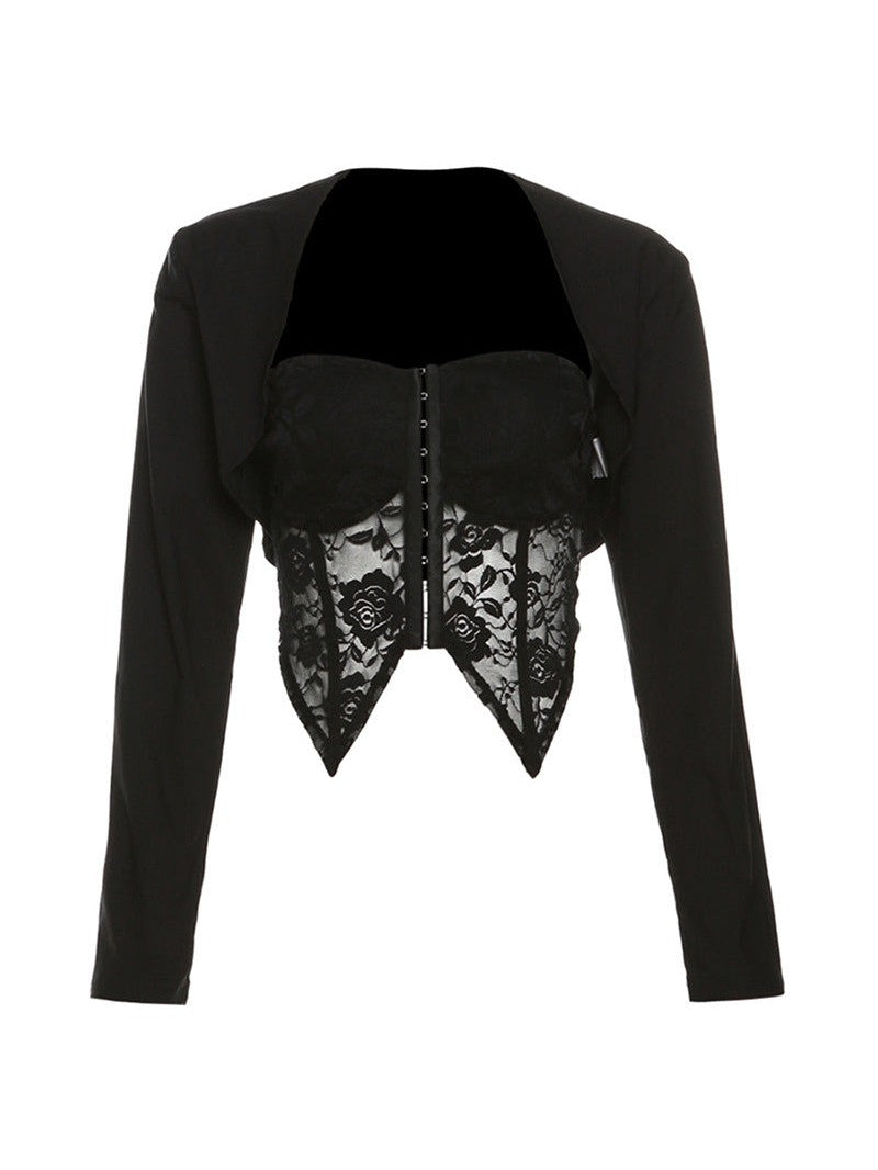 Black long-sleeve cardigan layered over a sheer floral lace corset vest with front hook closures and pointed hem.