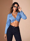 V Neck Asymmetric Crop Denim Top