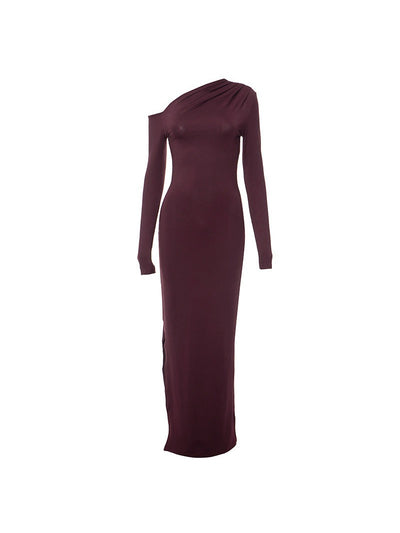 Burgundy One Shoulder High Waist Dress Asymmetric Dress