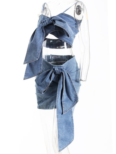 3D Bow Strap Tube Denim Top