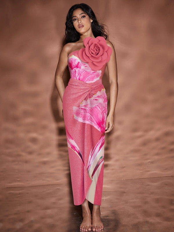 3D Big Floral Bubble Printing Swimsuit & Skirt Coord Set