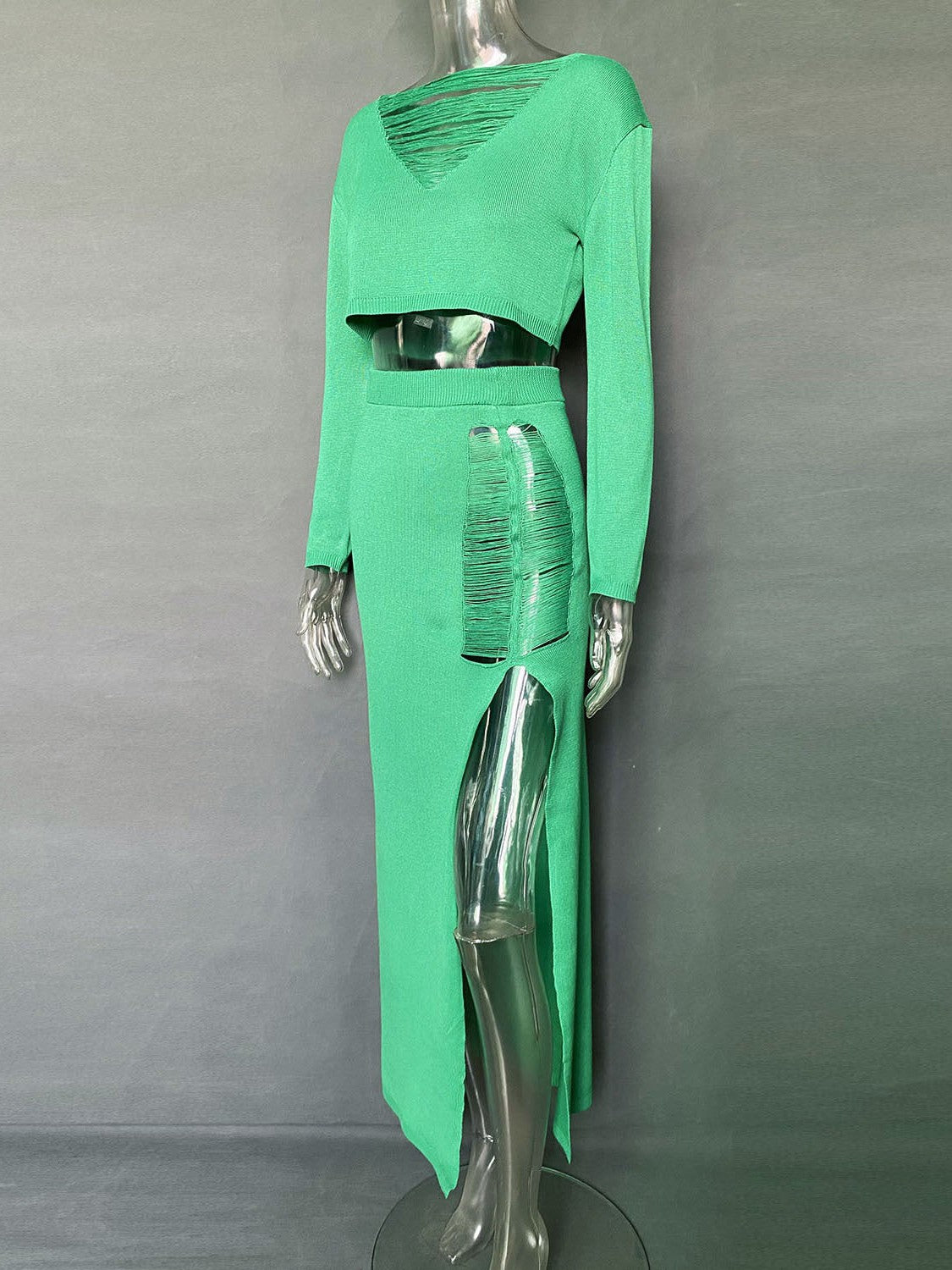 Sexy Slit Dress Tassel Hollow Out Cutout Sweater Coord Set