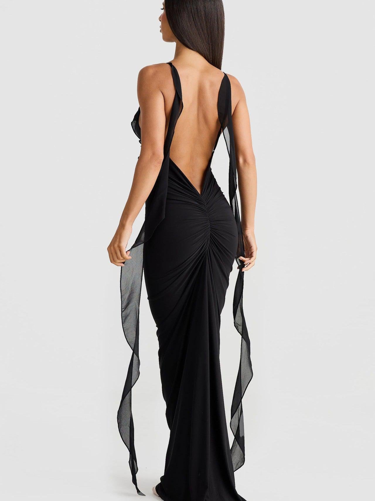 V Neck Backless Slim Fit Shoulder Strap Evening Dress