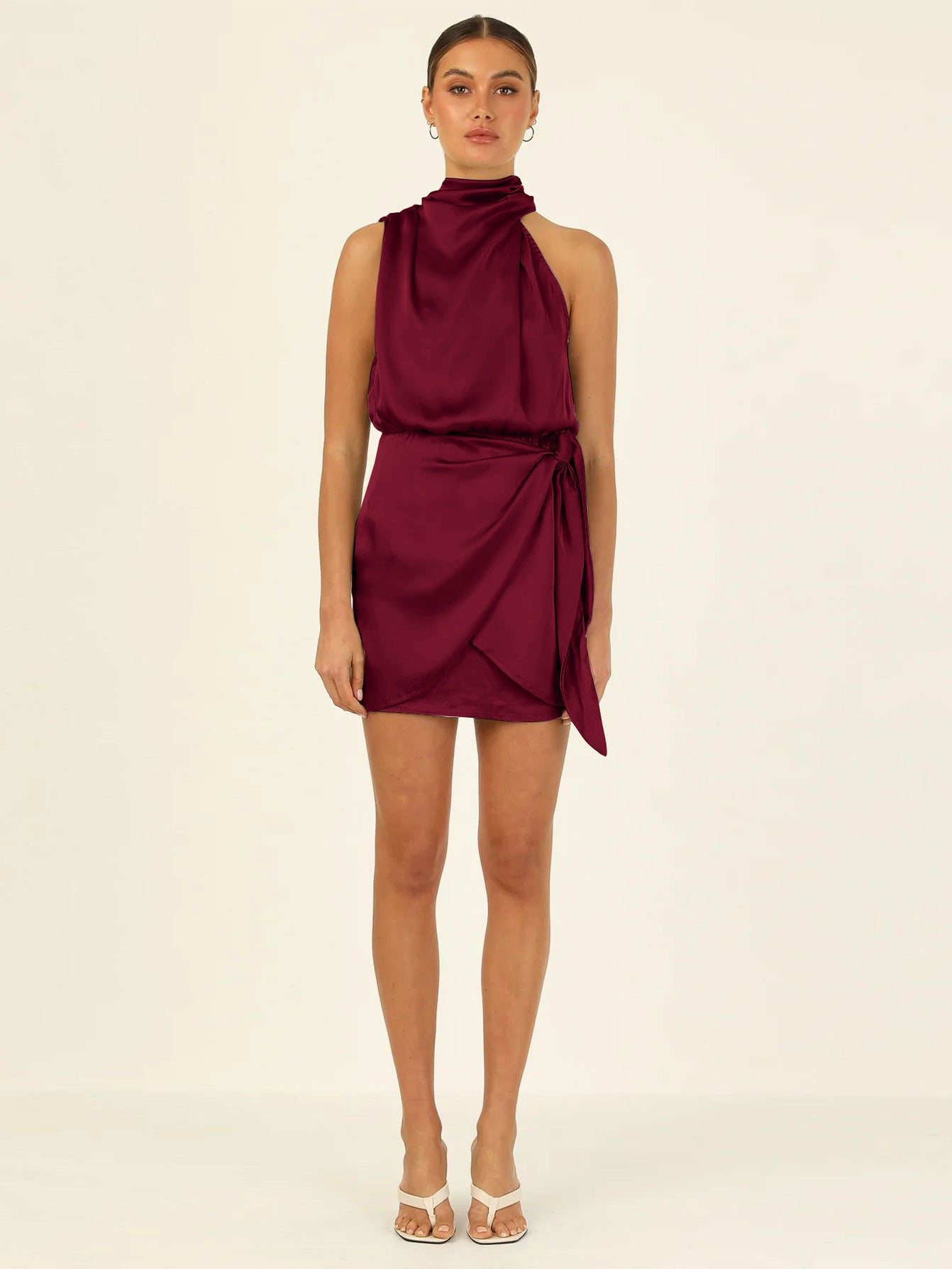 French Halterneck Satin Short Wrap Dress
