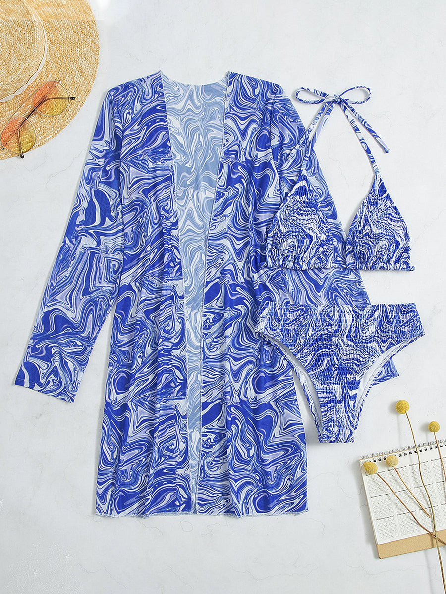 Blue and white marbled porcelain print three-piece swimsuit with a long-sleeve cover-up robe and triangle bikini.