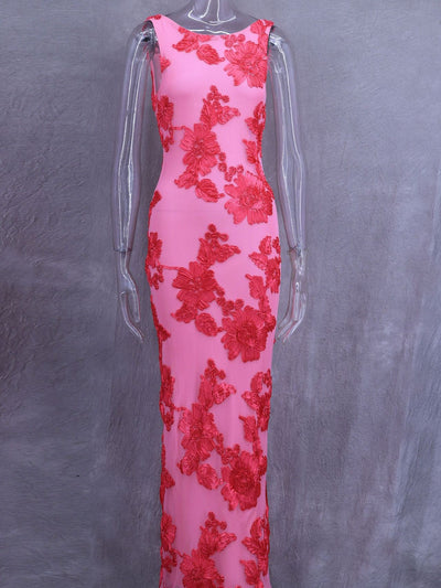 Pink Mesh 3D Applique Plate Floral Sheath Dress