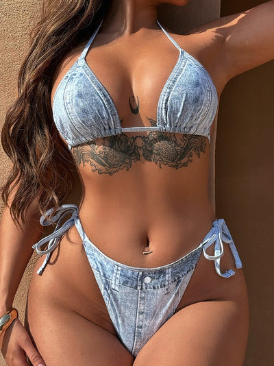 Denim Bikini Triangle Swimsuit Split Set