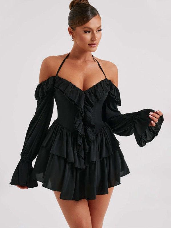 Halterneck Low Cut Ruffled Long Sleeve Romper