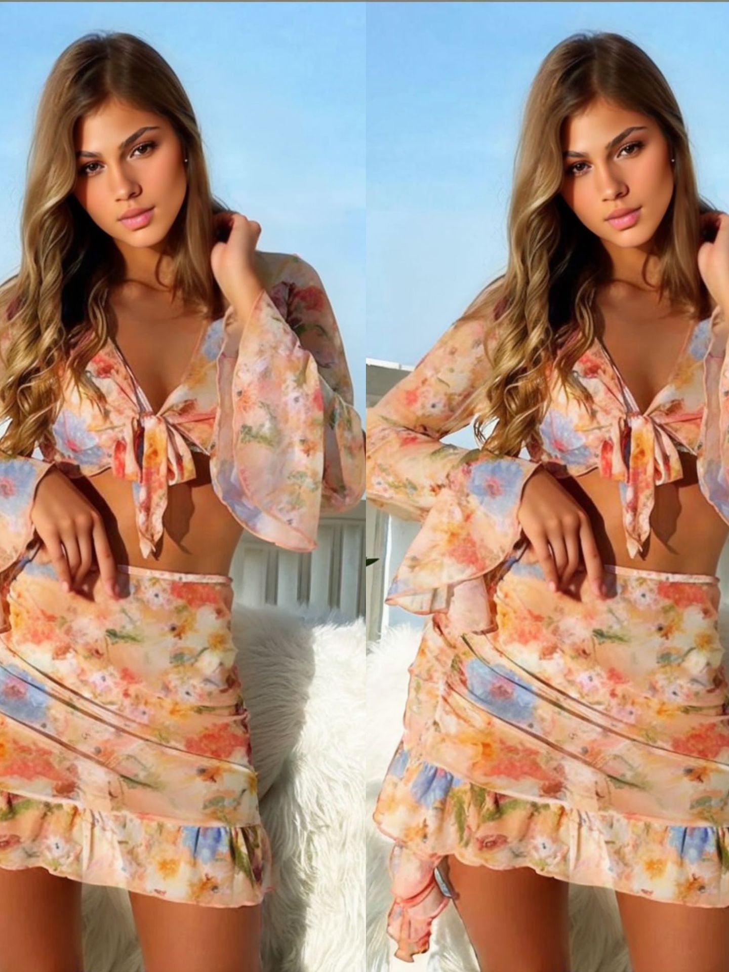 Printed Ruffled Top & Sheath Tight Skirt Pirational Four Piece Bikini Swimsuit Set