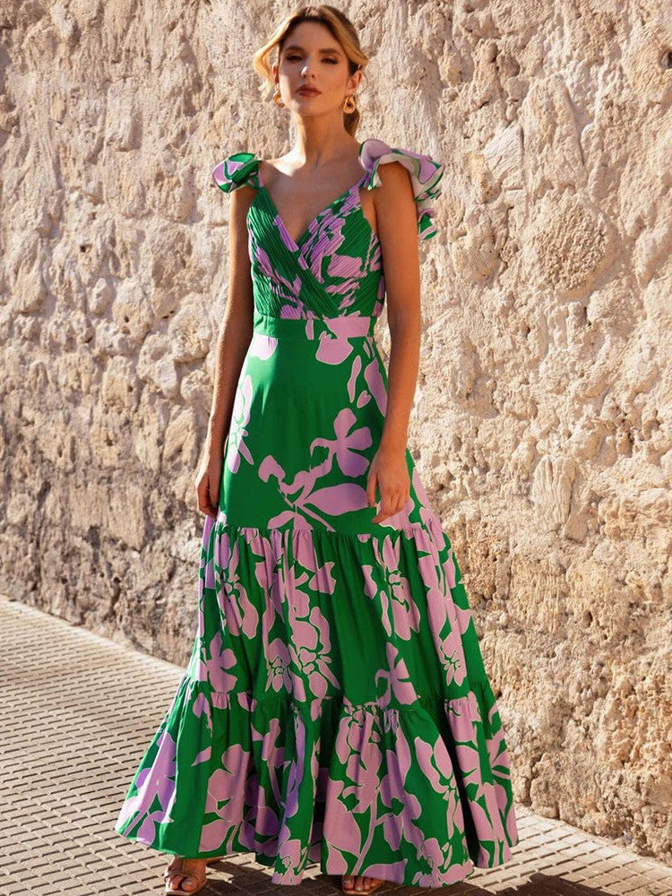 V neck Pleated Ruffle Swimsuit & Skirt Coord Set