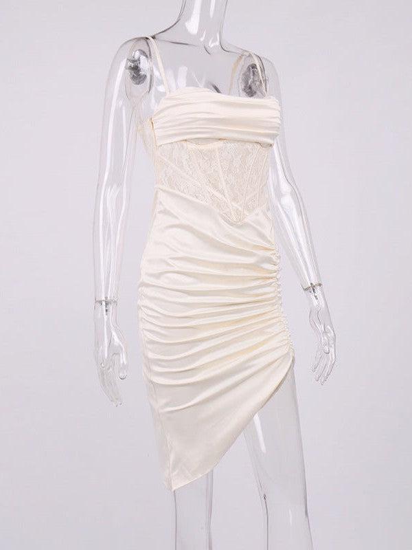 Satin Boning Corset Pleated High Slit Dress