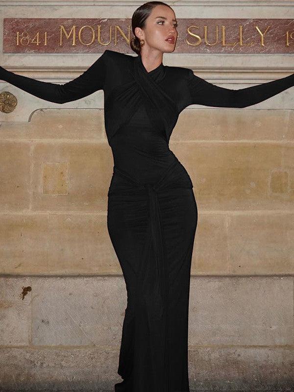 Corset Cinched Full Sleeve Padded Shoulder Maxi Dress