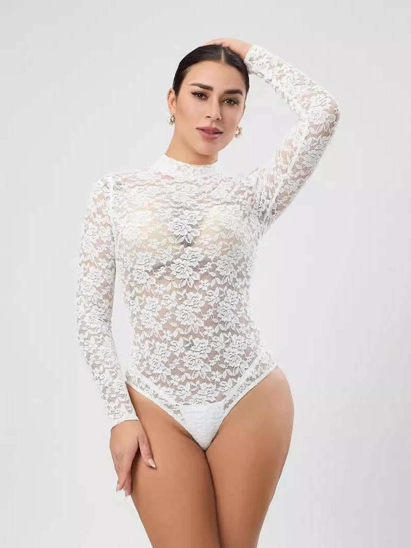Floral Lace See Through High Neck Bodysuit