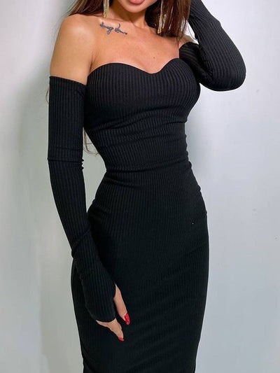 Knitted Off Shoulder Long Sleeve Tube Top Dress