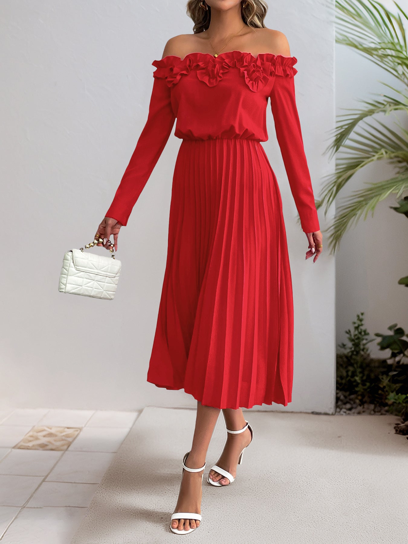 Off Shoulder Long Sleeve Pleated Dress