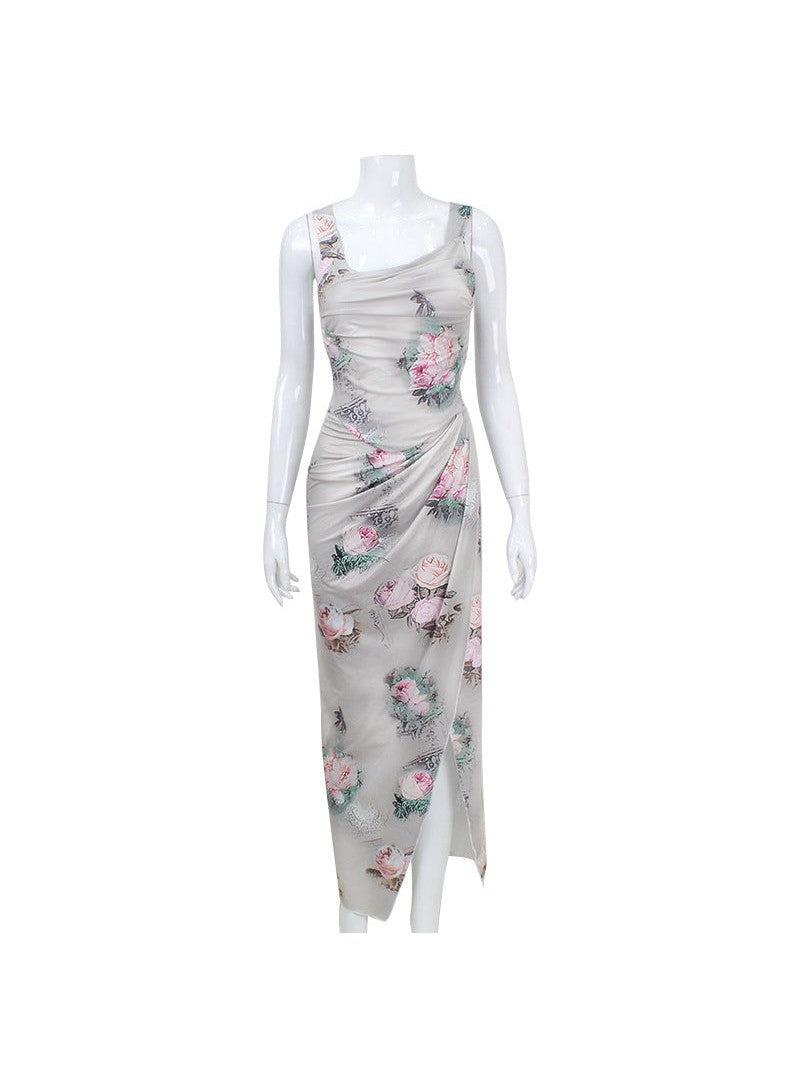 Beige floral print maxi dress with ruched, draped bodice, wide straps, and high side slit.