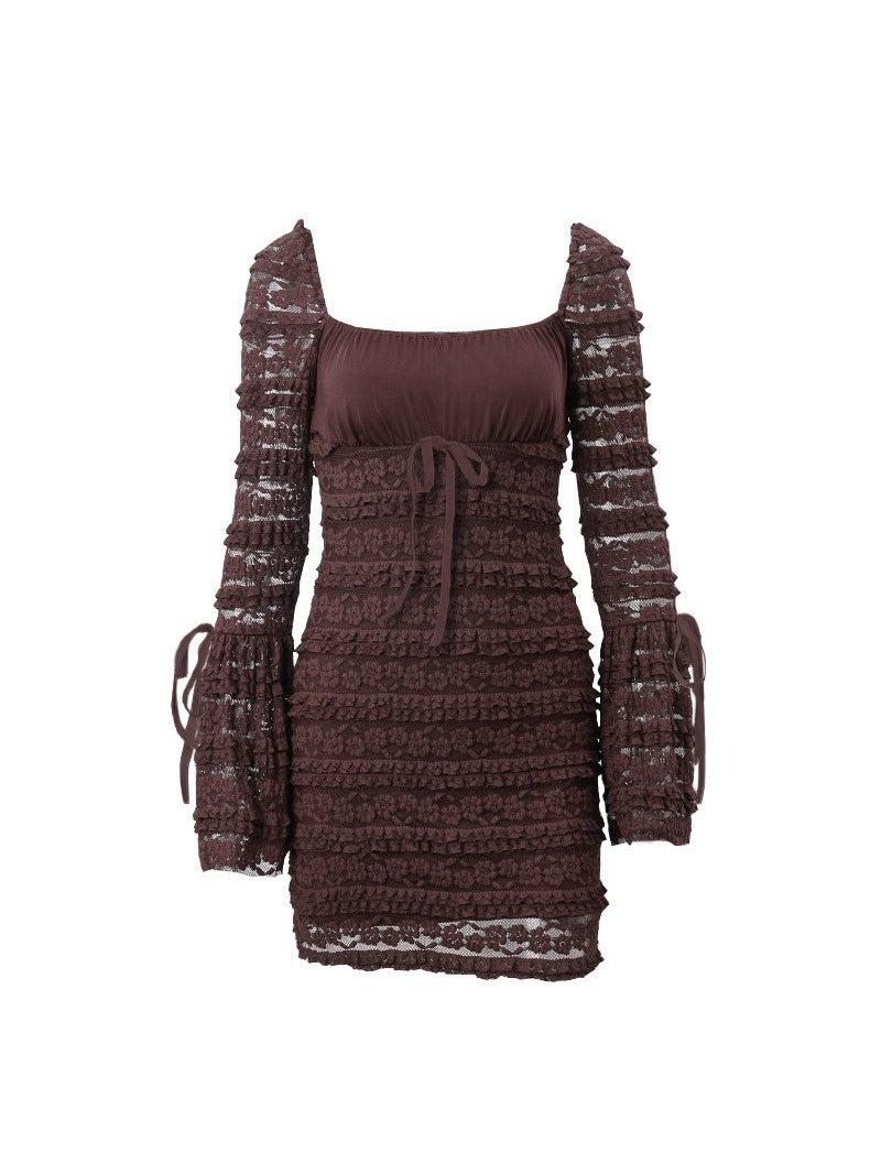 Brown/ Black Square Collar Low Cut Bell Sleeve Dress