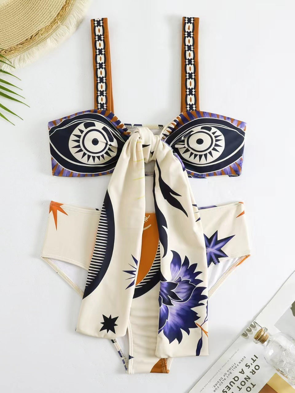 Boho Print Lace up Bikini & Short Swimsuit Set with Skirt