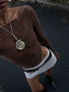 See Through Knitted Sheer Long Sleeve Rhinestone Bodysuit Top