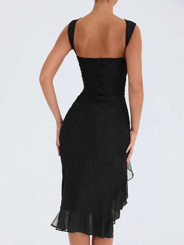 Round Neck Sleeveless Backless Pleated Mesh Midi Dress