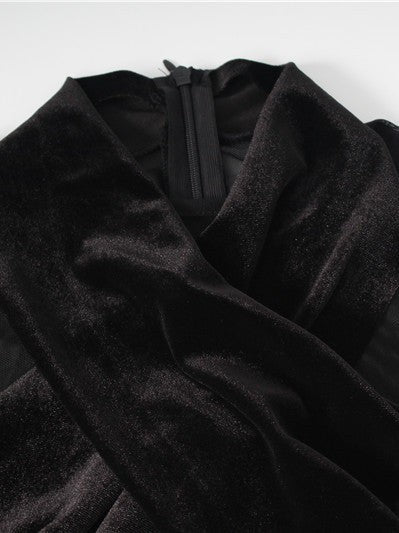 Mesh Velvet Cross Hollow Out Cutout out Bodysuit