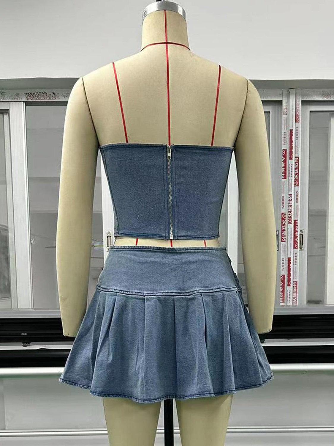 Crop Denim Tube Top & High Waist Split Skirt