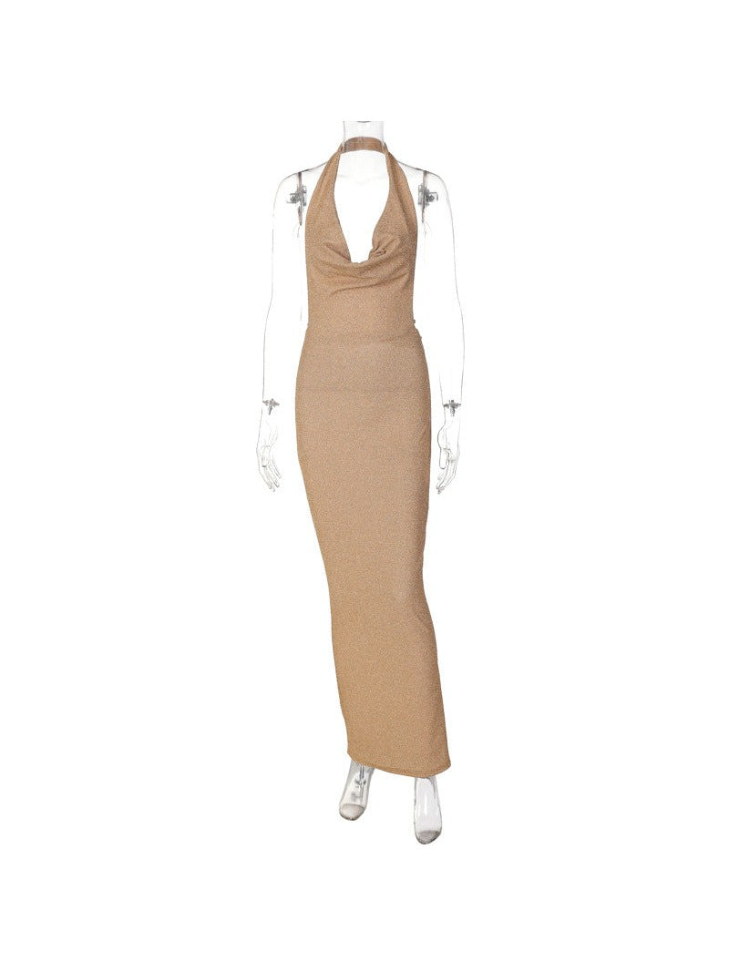 Golden Shimmer Backless Sleeveless Slim Dress