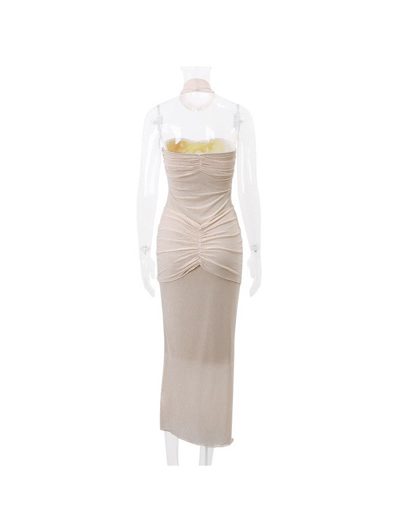 shimmering strapless ruched see through maxi dresses beige Cream Off Shoulder Ruched Sheer Maxi Dress Beige / 8