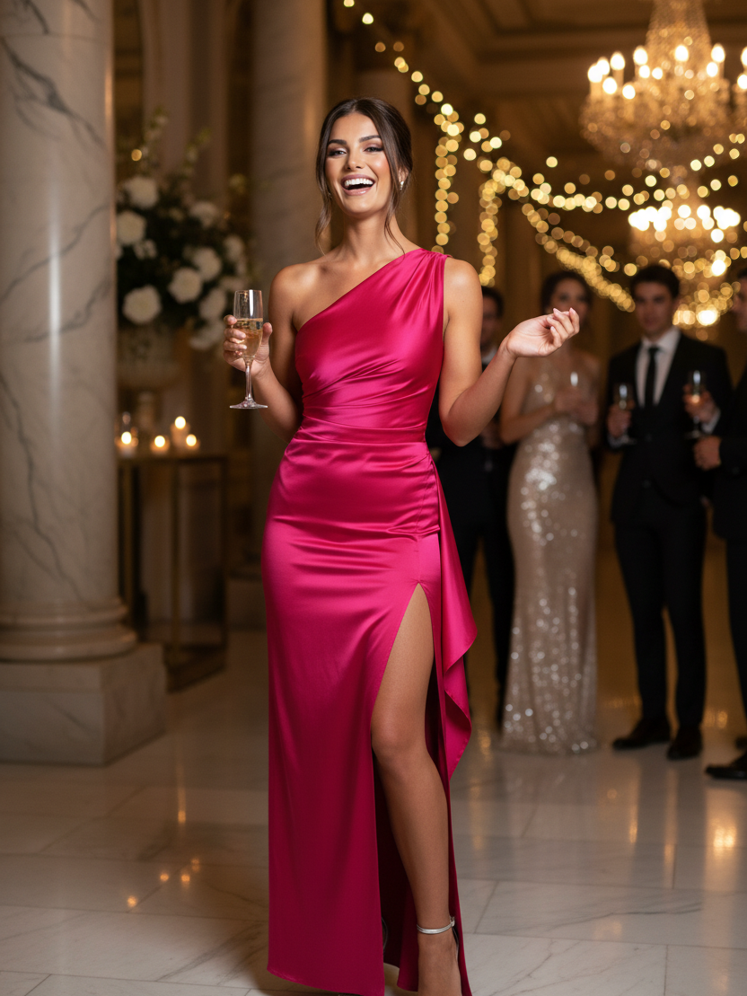 One Shoulder Pleated Split Satin Dress, hot pink with a thigh-high slit.