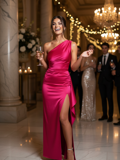 One Shoulder Pleated Split Satin Dress, hot pink with a thigh-high slit.