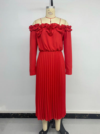 Off Shoulder Long Sleeve Pleated Dress