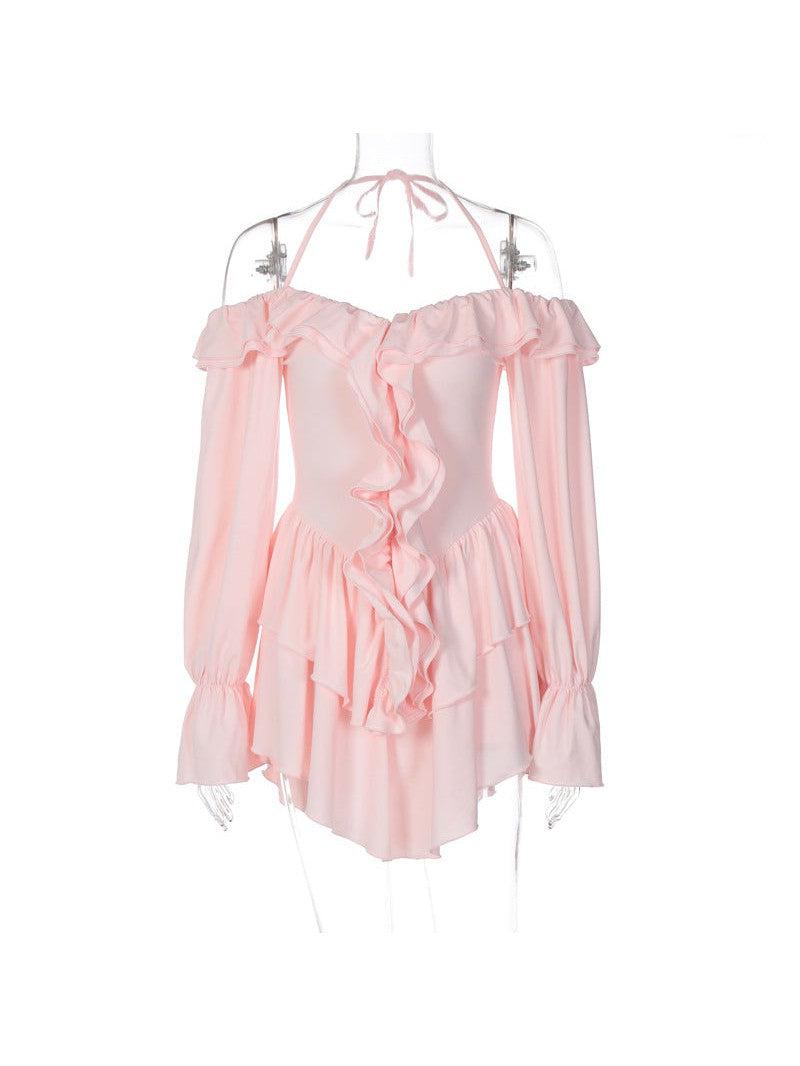 Halterneck Low Cut Ruffled Long Sleeve Romper