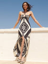 Geometric Print Halterneck Chiffon Dress & 2 Piece Bikini Swimsuit Set