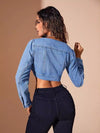 V Neck Asymmetric Crop Denim Top