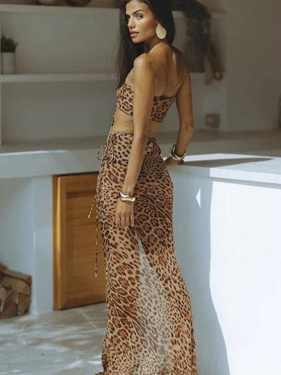 Leopard Print Tube Top Mid Length Skirt Coord Set