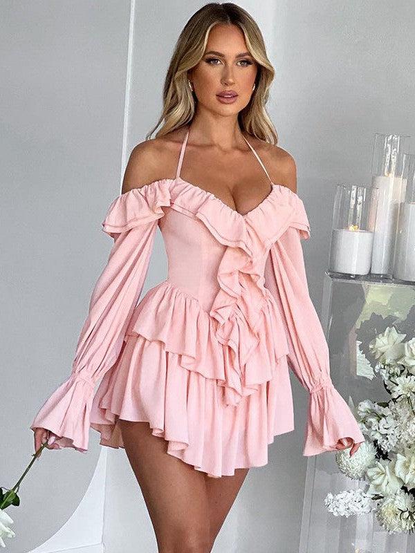 Halterneck Low Cut Ruffled Long Sleeve Romper