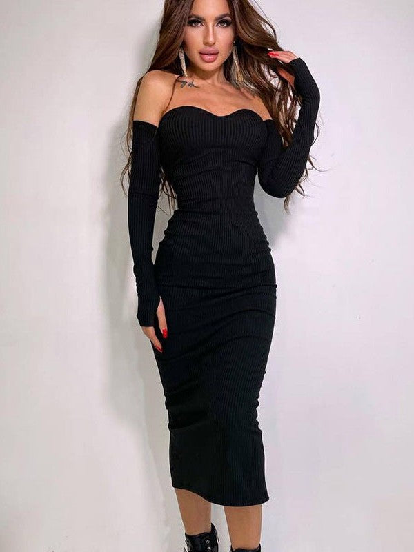 Knitted Off Shoulder Long Sleeve Tube Top Dress